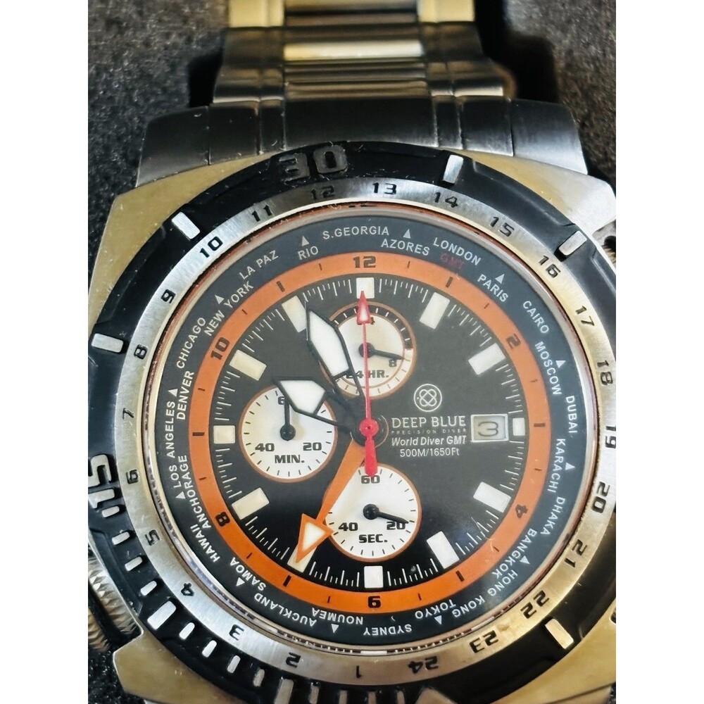 Deep Blue World Diver GMT Quartz Chronograph 500m 44mm SS Bracelet w/ Box